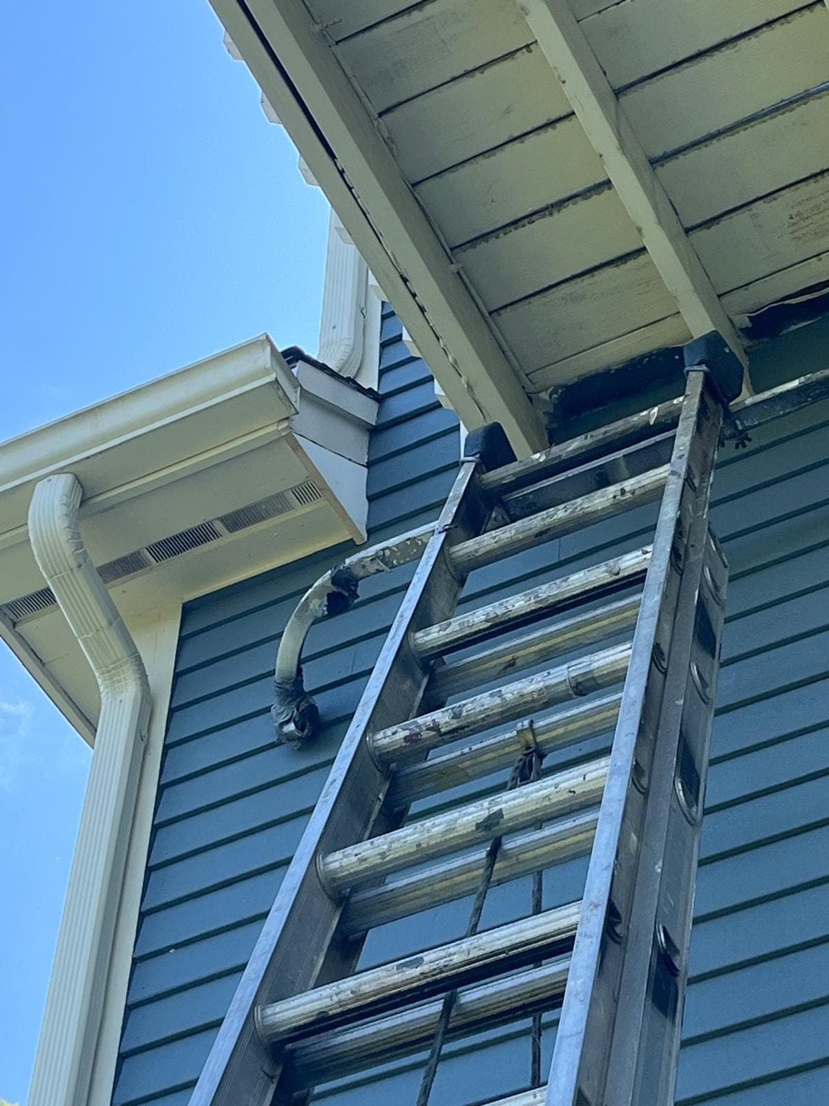 A ladder reaching the fascia and gutter at the corner of a blue house